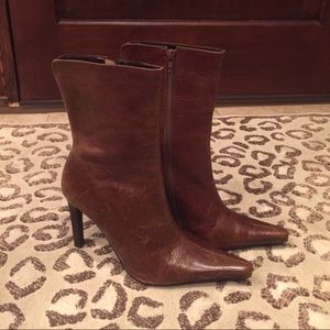 Brown leather pointed toe ankle boot